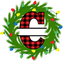 Load image into Gallery viewer, Wreath Lights Red Plaid Monogram Split Letters
